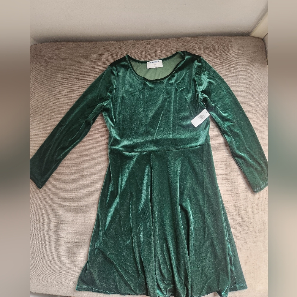 Old Navy Velvet Green Dress Long Sleeve NEW Size 14-16